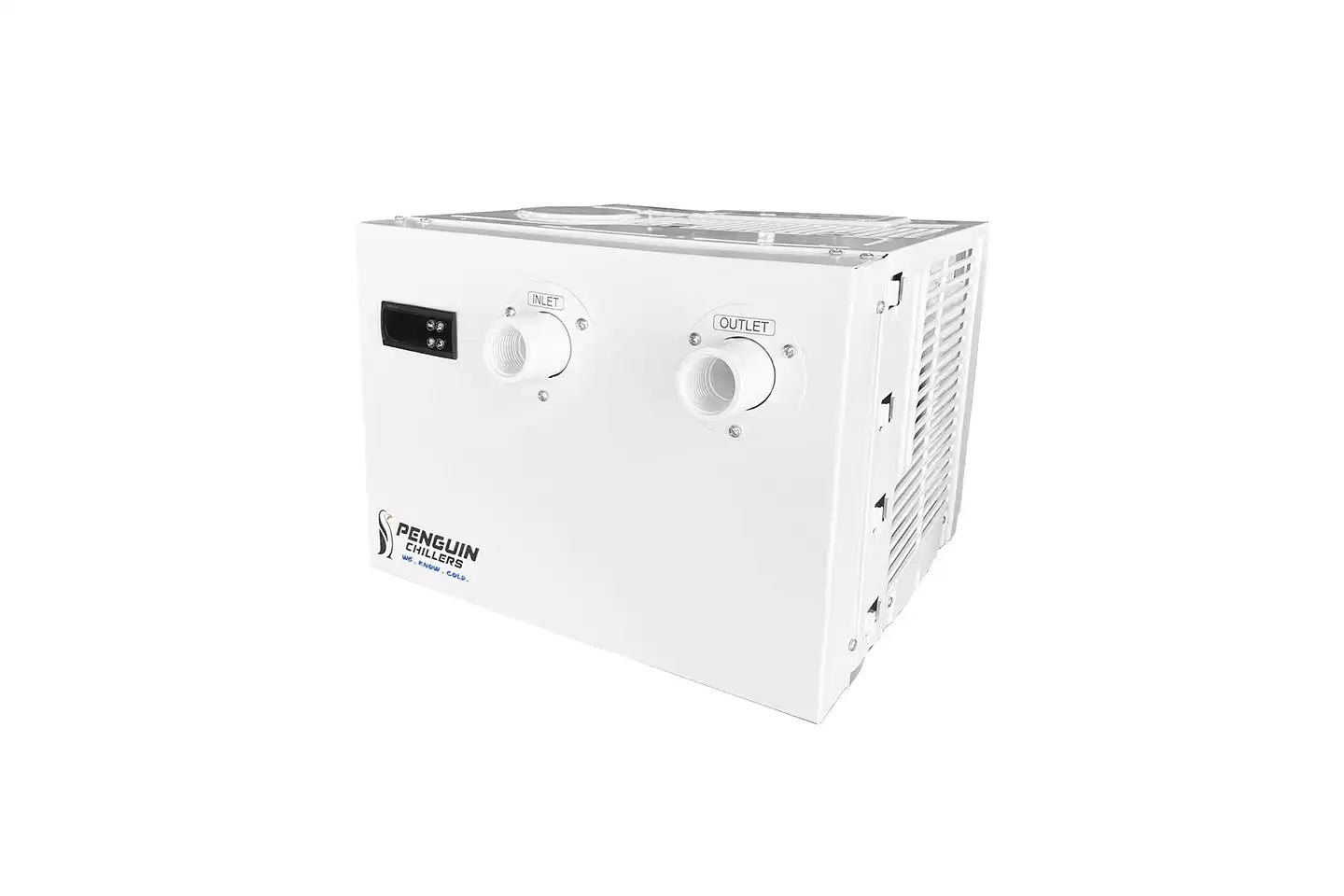 Penguin Chillers Cold Plunge Chiller front and side view with water hose inlet and outlet ports