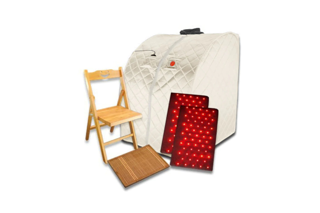 Therasage Thera360 PLUS Personal Sauna (White) with infrared lights, chair, and footpad