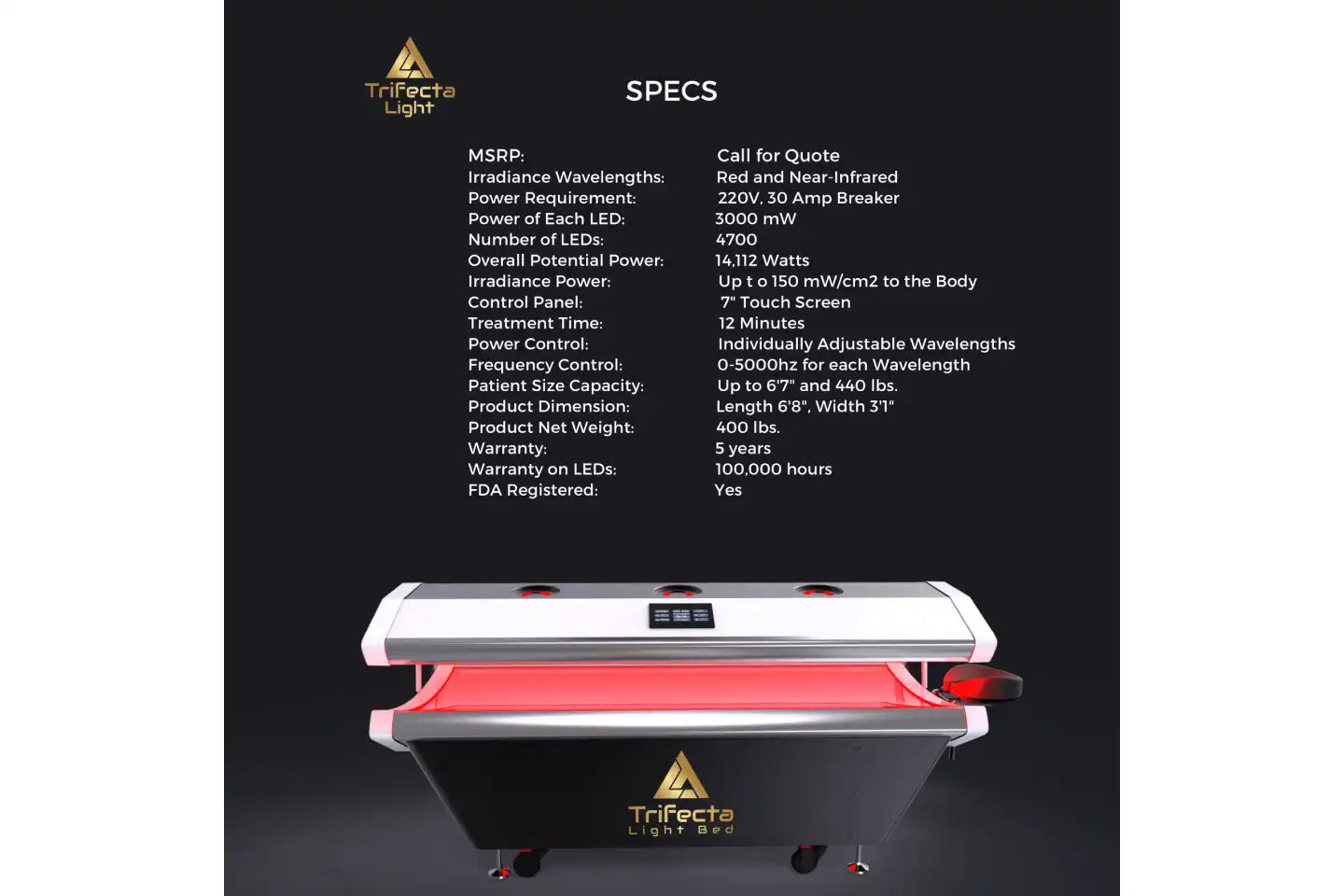 Trifecta Red Light Therapy Bed specifications