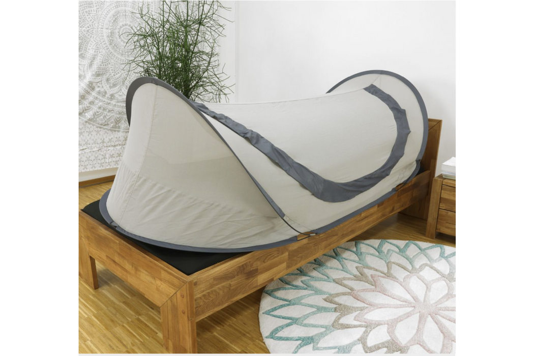 YSHIELD® SAFECAVE Shielding Tent Popup for Single Bed view on the wooden bed frame