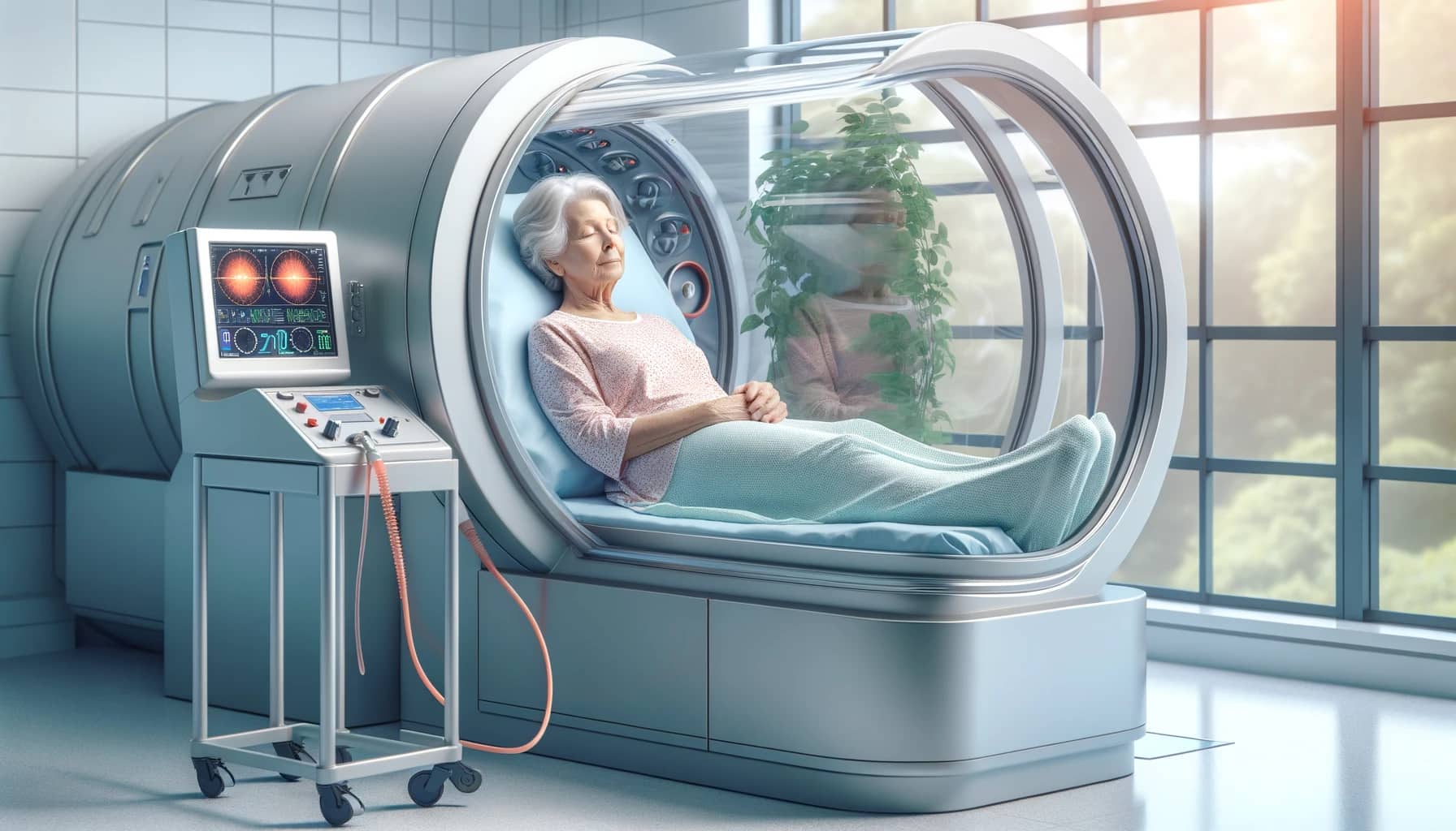 generate a photo of a old woman in Hyperbaric Chambers and Alzheimer
