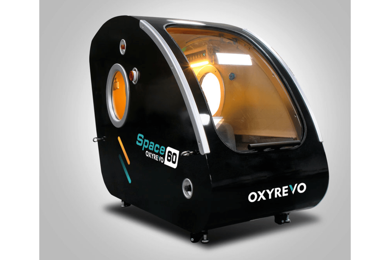 Space60 Hard Shell Hyperbaric Chamber displaying its large polycarbonate windows and elegant door