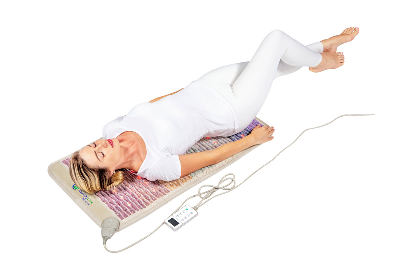 person using the Healthy Line Infrared Mat, the mat is small and only covers half of the person's body