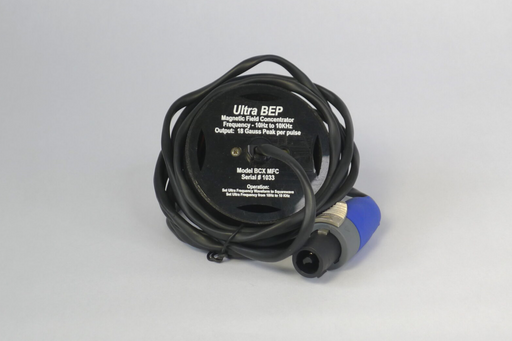 Electrical component with black cable and blue connector on a gray background