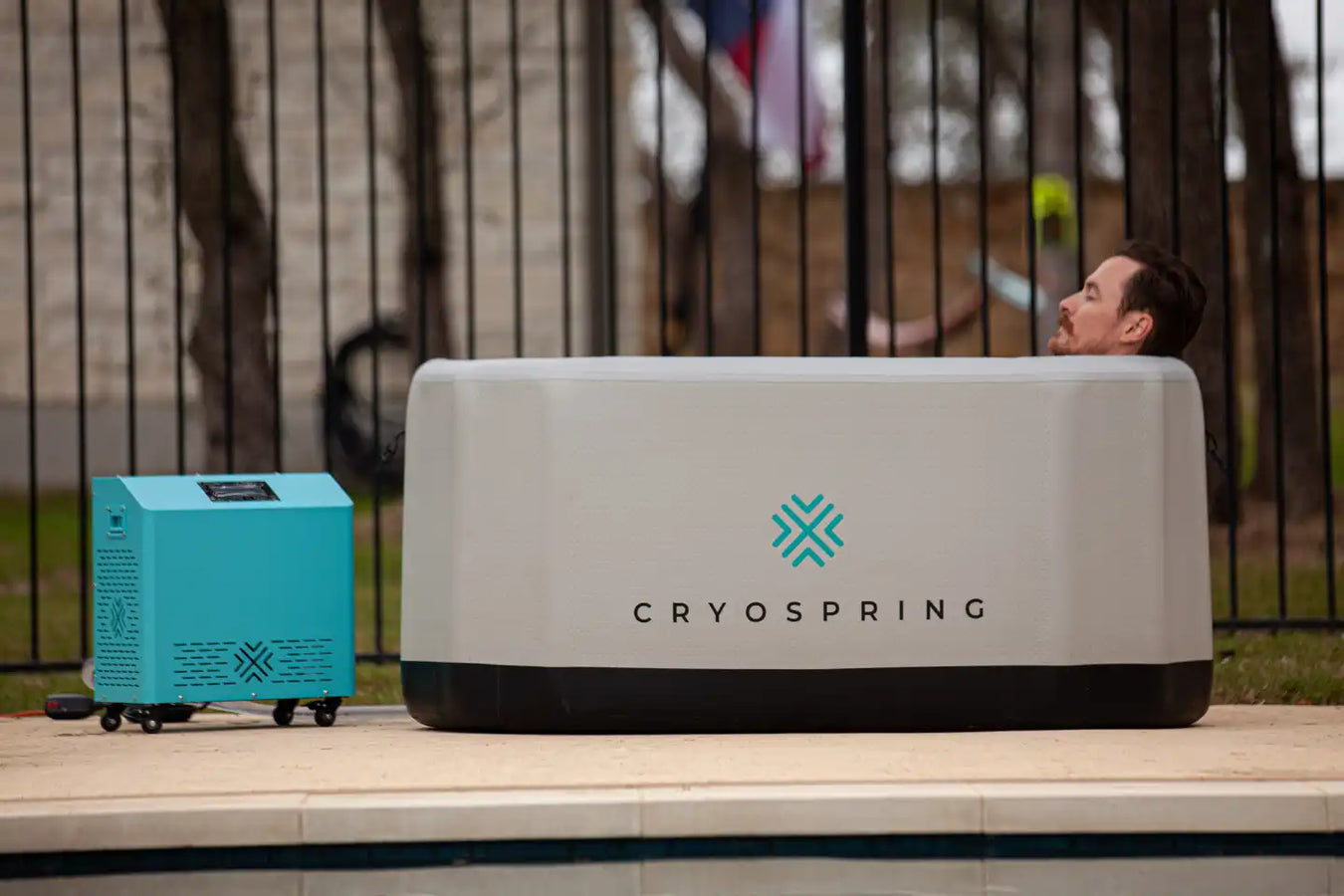 Cryospring Plunge Ice Bath, side view by the pool
