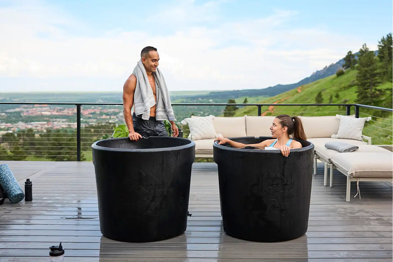 People Using Barrel Ice Bath Outdoors