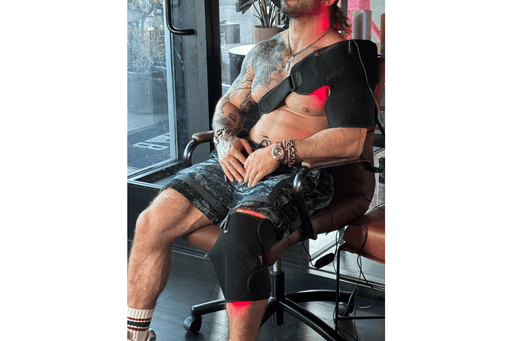 Red Light Therapy Knee Wrap, Shoulder Wrap, and Small Pad in use