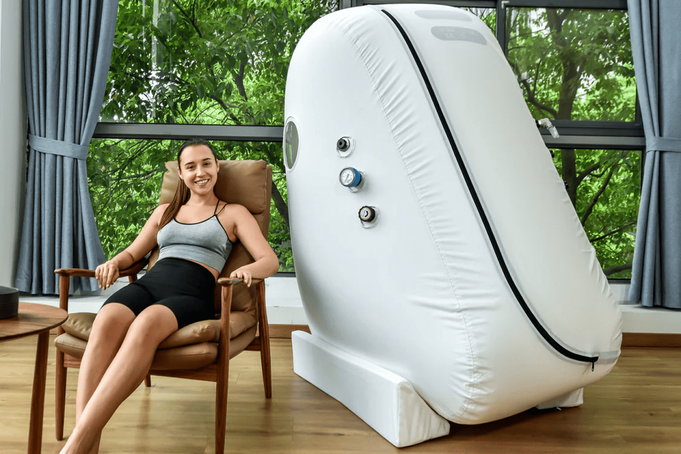 Macy Pan Sitting Hyperbaric Chamber front and side view