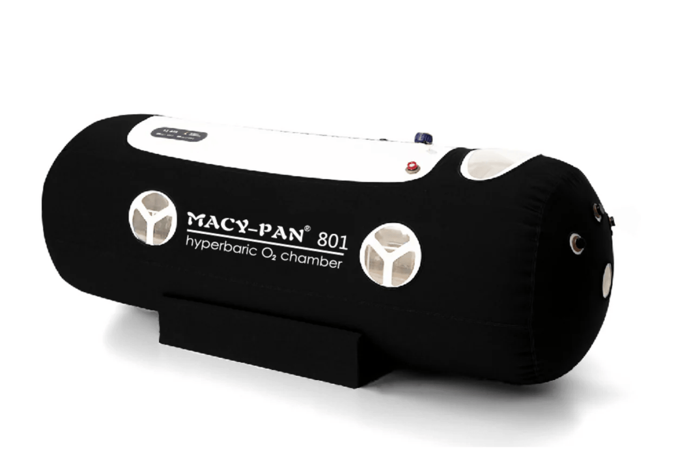 Macy Pan Portable Hyperbaric Chamber in black front and side view