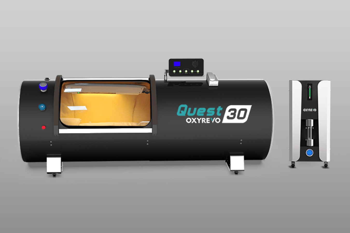 OXYREVO Quest30 1.5 to 2.0 ATA Hard Hyperbaric Chamber in black color with ALL-in-one air purifier operating unit