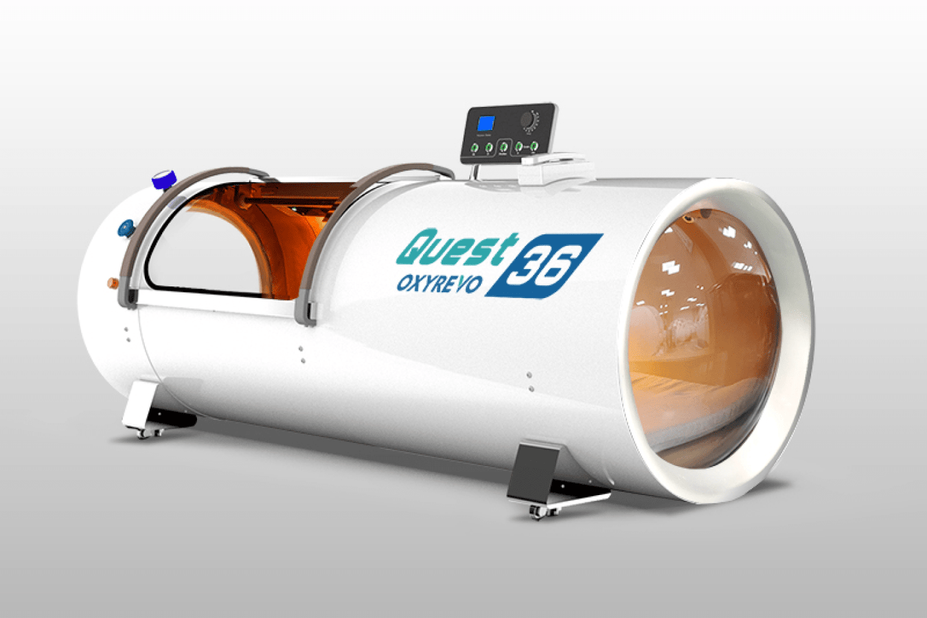 OXYREVO Quest36 Hard Hyperbaric Chamber showing the interior and exterior of the unit