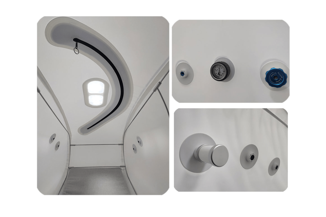 Forward90 Home Hyperbaric Chamber Specs, emergency valve, Pressure reading gauge, and YKK zipper all in interior view.
