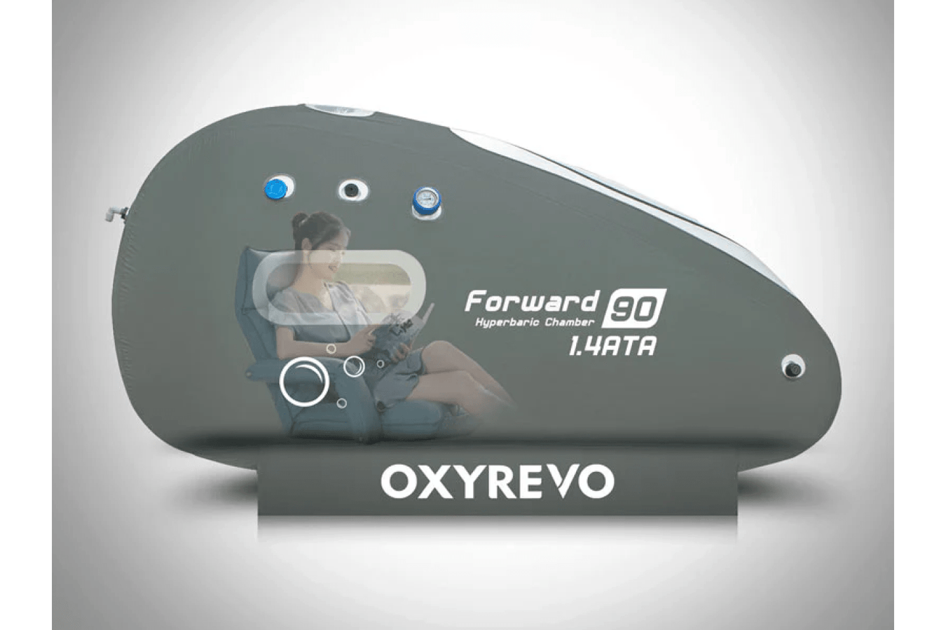 Person using the Forward90 Personal Hyperbaric Chamber in reclining mode