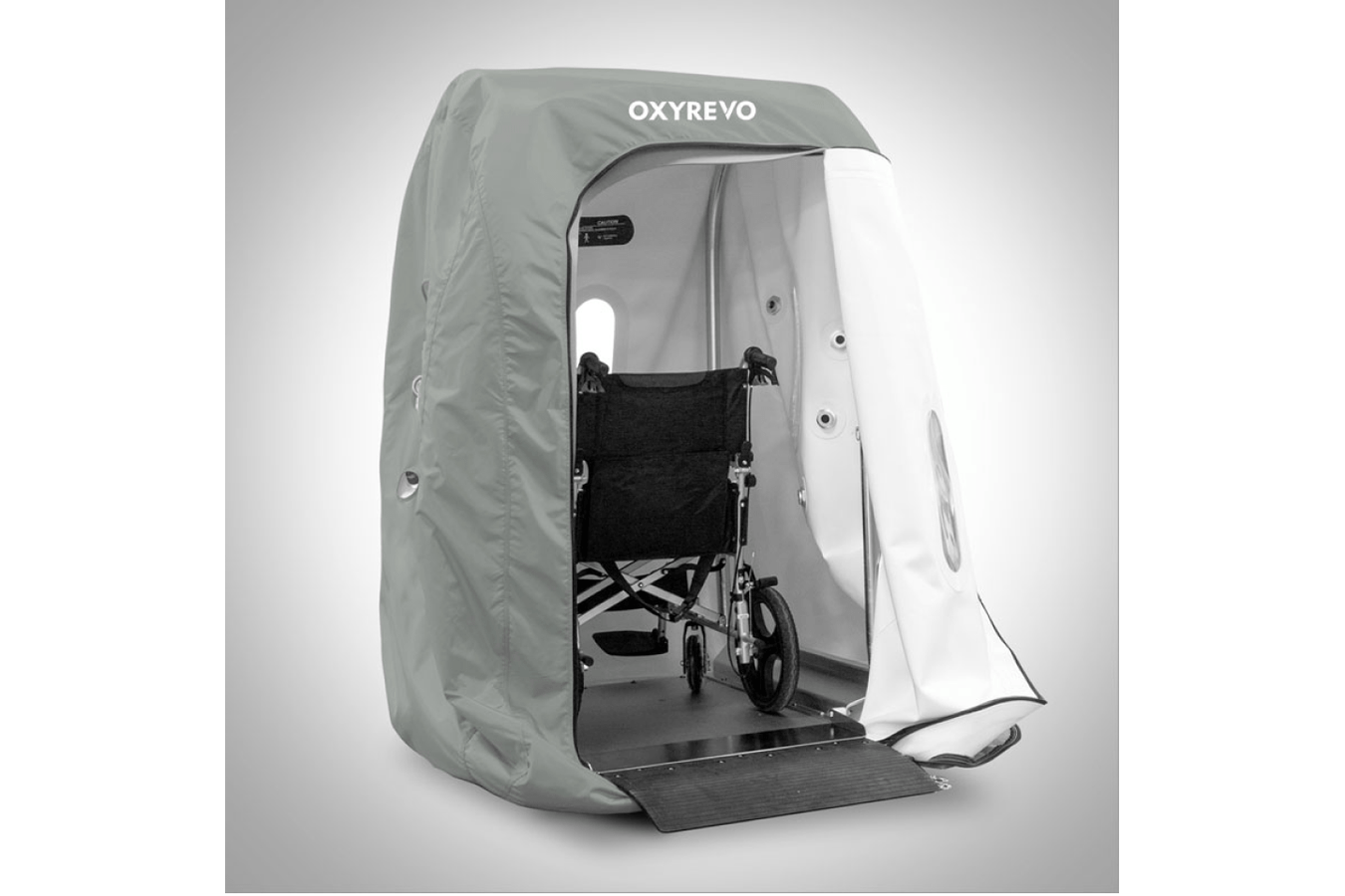 Oxyrevo Personal Hyperbaric Chamber Specs, has a sturdy aluminum base and gentle slope allowing easy entry and exit for wheelchair users