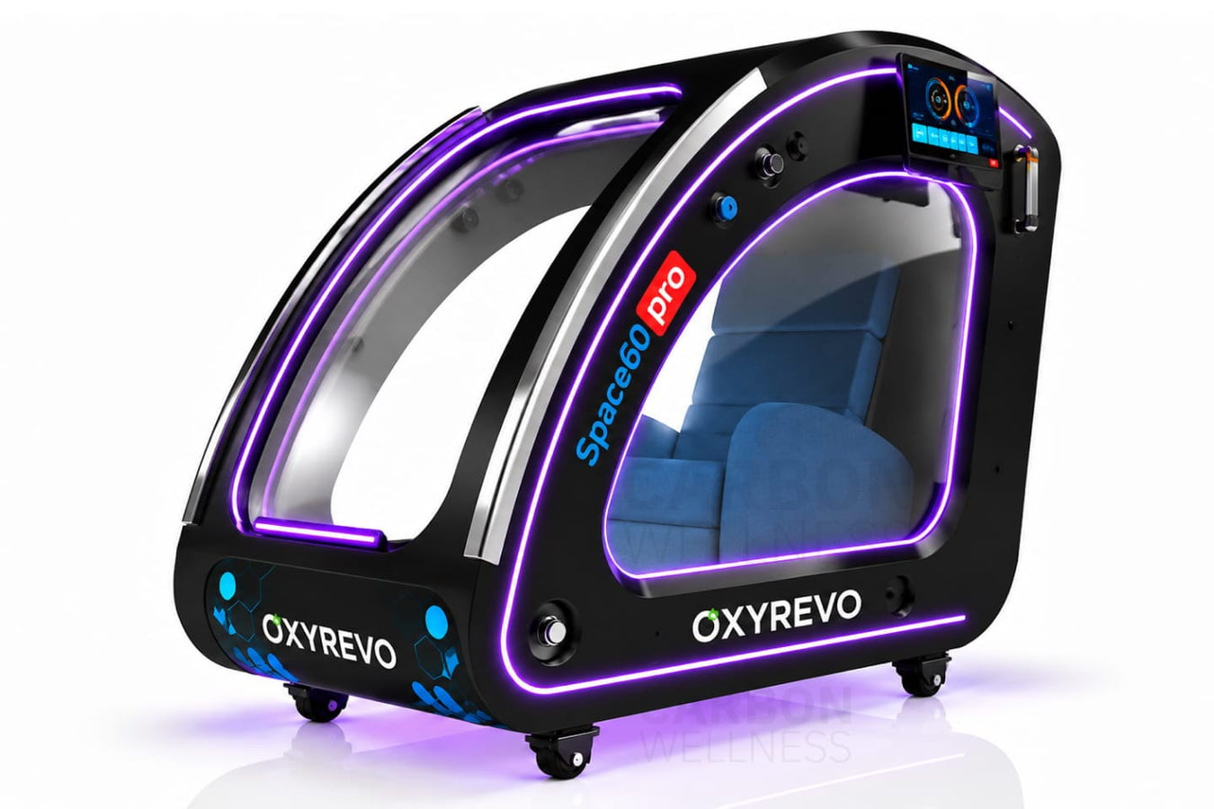 Oxyrevo Space 60 Pro HBOT machine in black with a blue interior chamber, featuring a digital display screen and wheeled base on a white background.