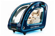 A futuristic OXYREVO Space 60 Pro HBOT chamber in a dark navy blue pod with a transparent canopy, showcasing a cream-colored reclining seat inside, set against a plain white background.