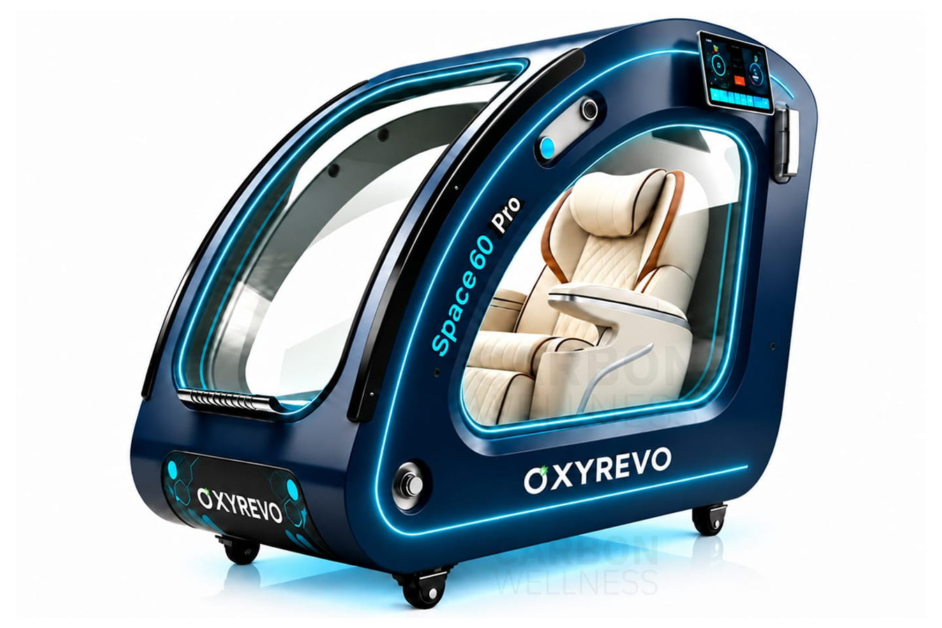 A futuristic OXYREVO Space 60 Pro HBOT chamber in a dark navy blue pod with a transparent canopy, showcasing a cream-colored reclining seat inside, set against a plain white background.