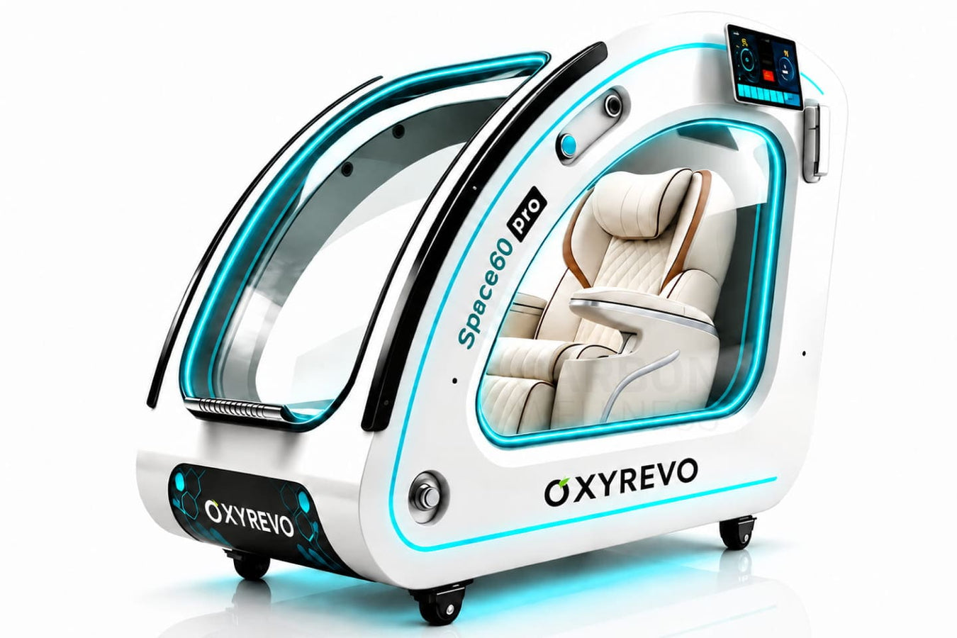 A white OXYREVO Space60 Pro personal massager machine with a transparent outer shell, showing a cream-colored reclining seat inside, on a clean white background.