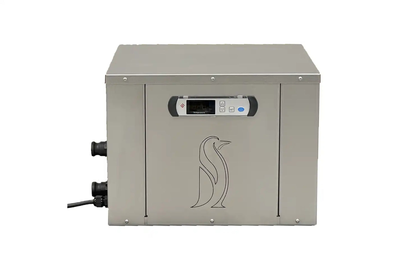 Penguin Chillers Cold Plunge Tub, a sturdy silver design with controller and logo in the front