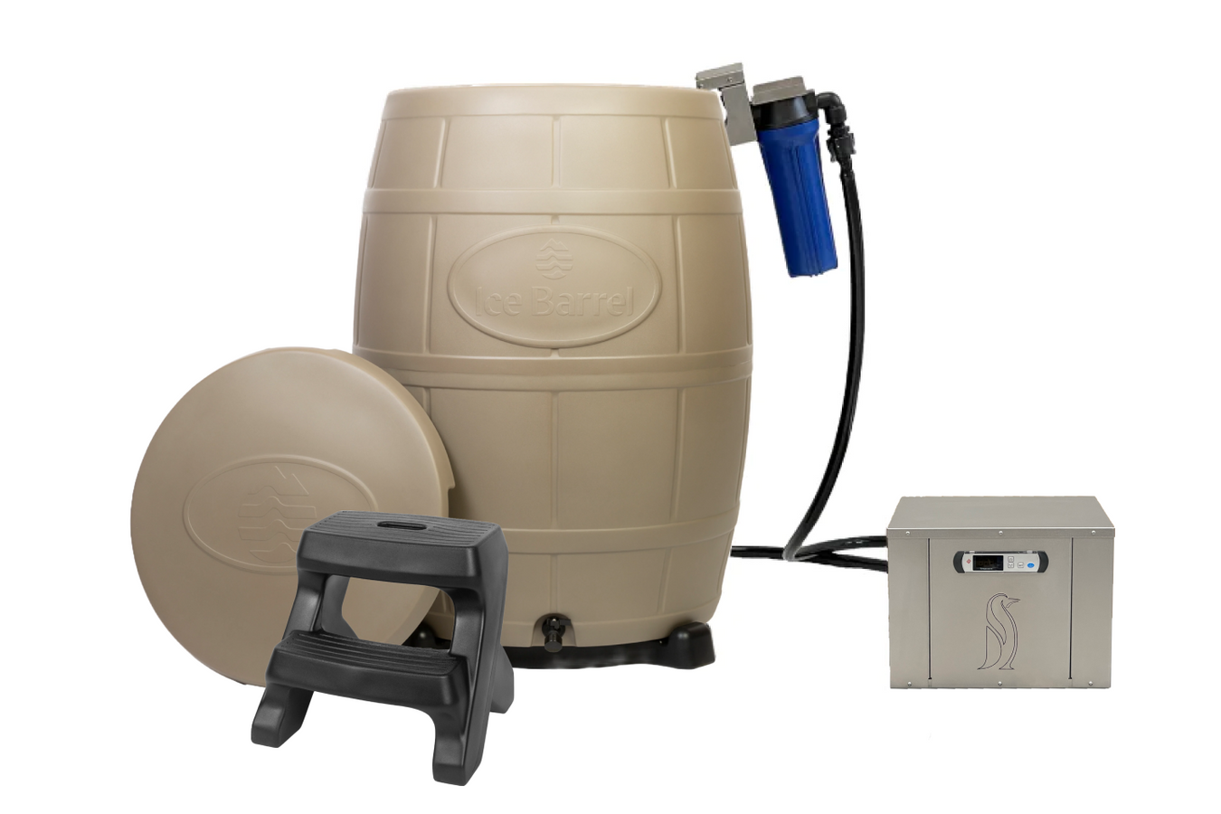 Penguin Chillers Ice Therapy front view along with the filter, chair, and chiller