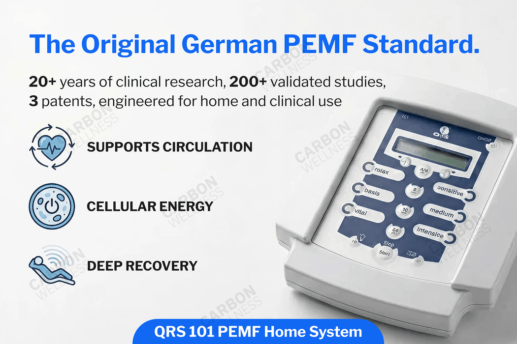 QRS 101 PEMF Home System with text highlighting features and benefits on a white background