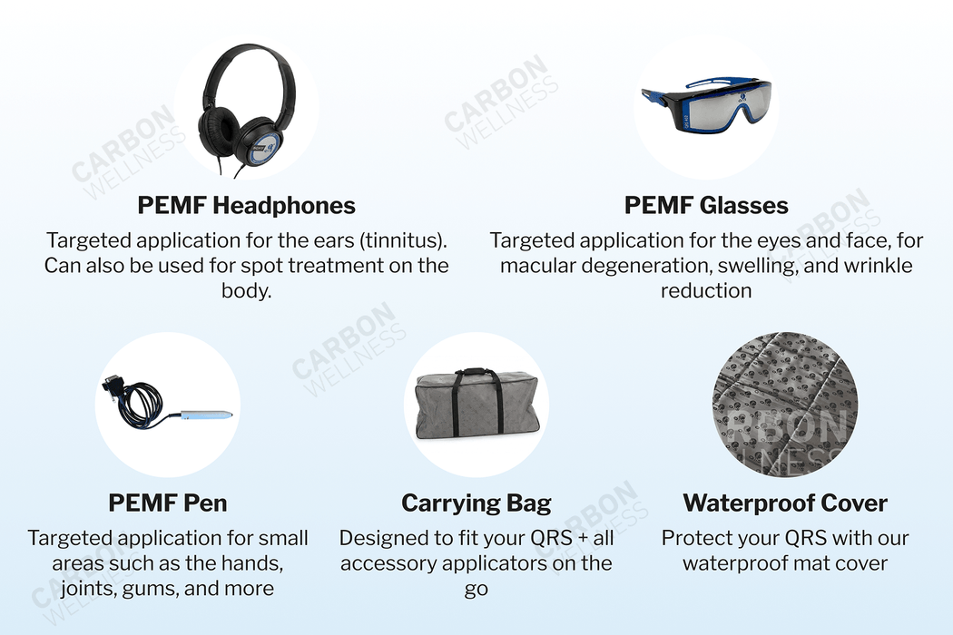 QRS PEMF Headphones, Glasses, Pen, Carrying Bag, and Waterproof Cover on a white background