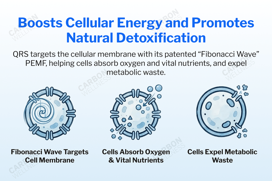 Diagram explaining how QRS technology boosts cellular energy and promotes natural detoxification with Fibonacci Wave PEMF.