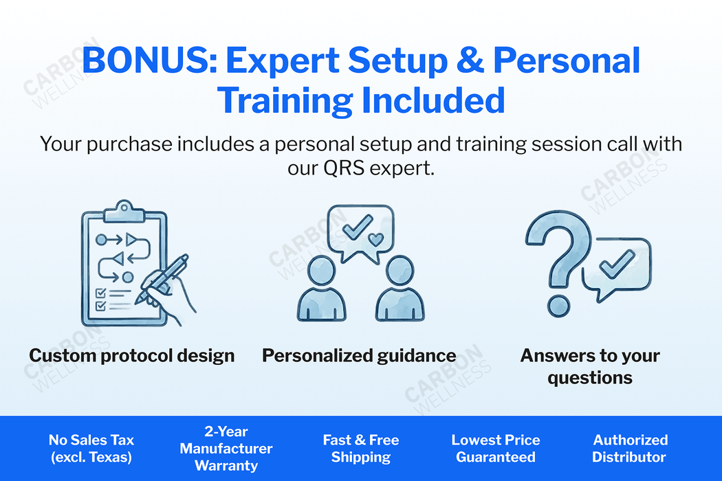 Promotional graphic for QRS mat expert setup and personal training with icons and text on a white background.