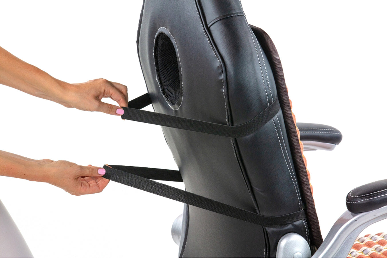 Healthyline Inframat Pro Straps Being Stretched and Fitted On The Chair