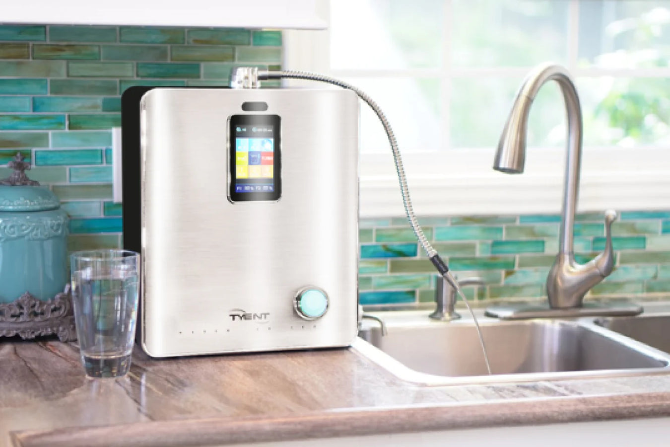 Tyent Ionized Water Machine in the kitchen while in use view