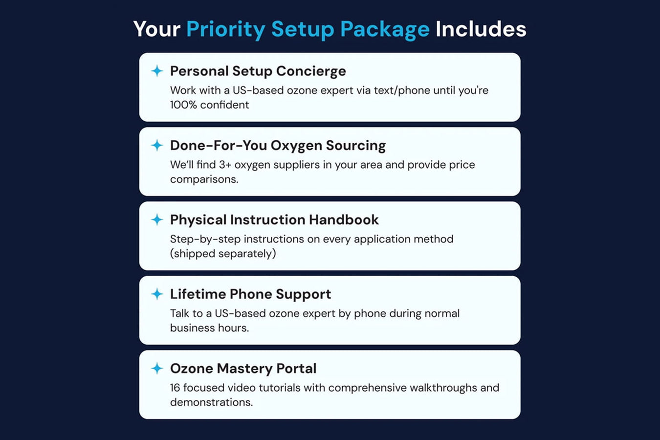 Stratus 3.0 setup support package: personal setup concierge, done-for-you oxygen sourcing, physical instruction handbook, lifetime phone support, and Ozone Mastery Portal video tutorials