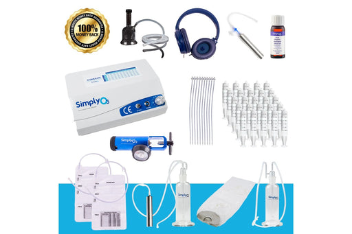 Simply O3 Cumulus Pro Gold Complete Kit laid out with the ozone generator, oxygen regulator, ear insufflation headset, water bubbler jars, ozone bags, catheters, syringes, and ozonated olive oil