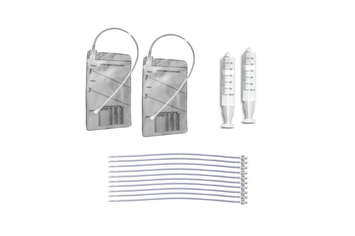 Simply O3 ozone insufflation bags, 60cc syringes, and catheters