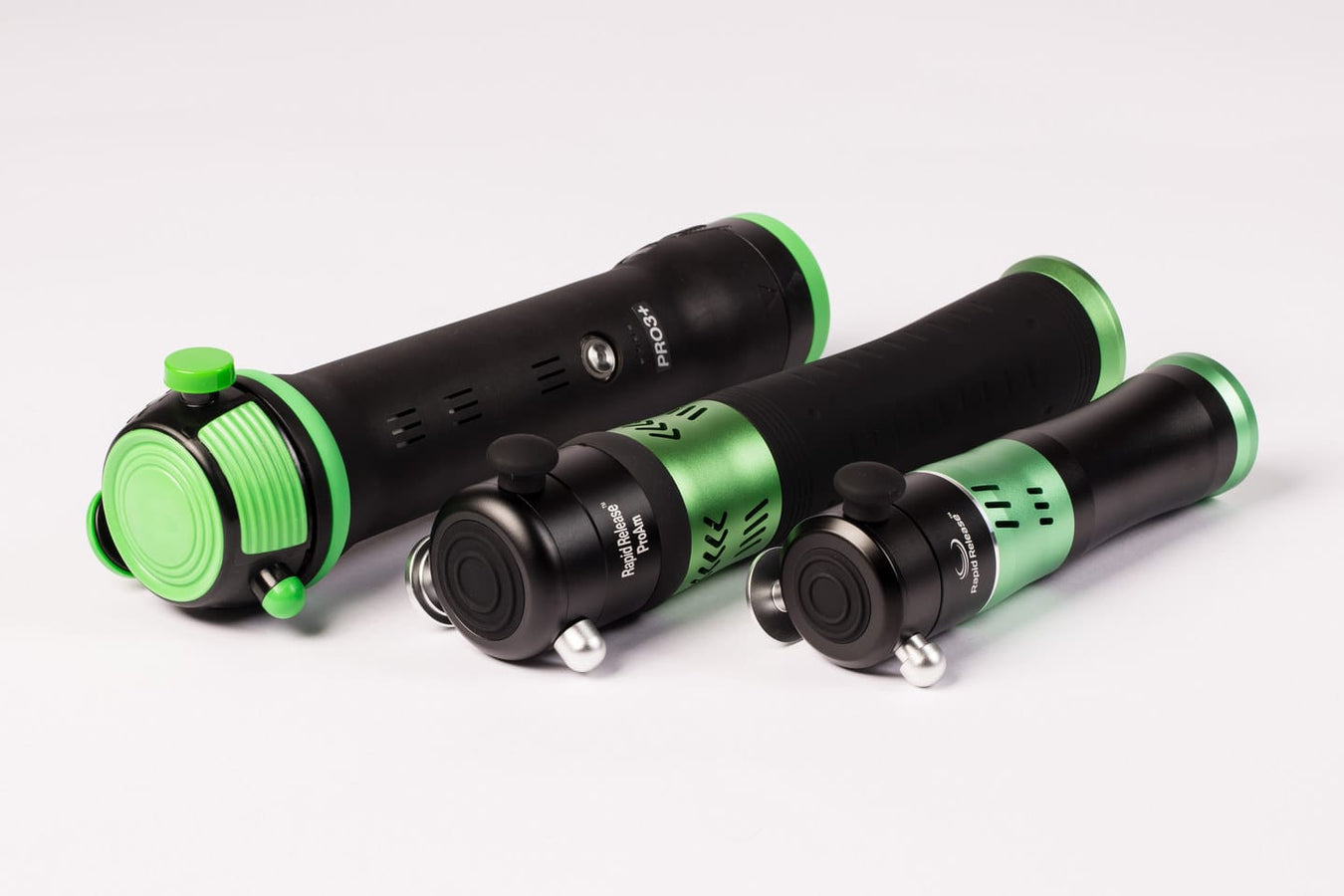 Rapid Release Pro3+, ProAm and Traveler vibration massagers shown together