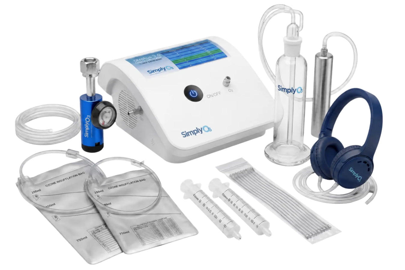 Simply O3 Stratus 3.0 Complete Kit laid out with the ozone generator, oxygen regulator, water bubbler, ear insufflation headset, ozone bags, catheters, and syringes