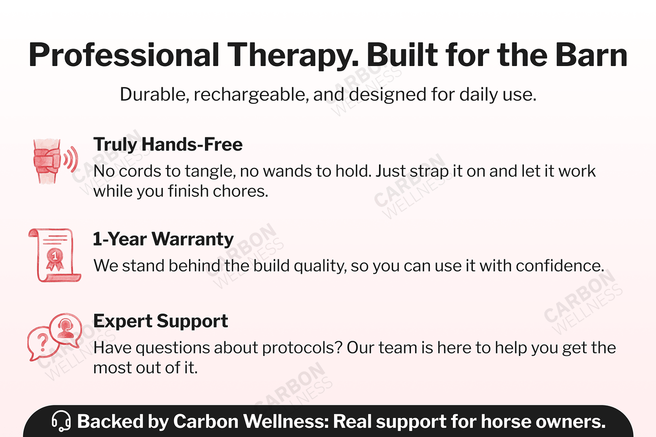 Product description for an equine red light therapy device built for the barn with features like hands-free use, warranty, and expert support.