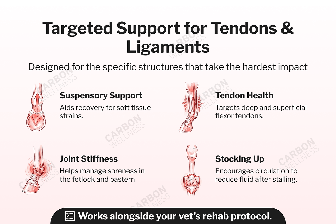 Diagram of targeted equine red light therapy support for tendons and ligaments with illustrations and text on a white background.