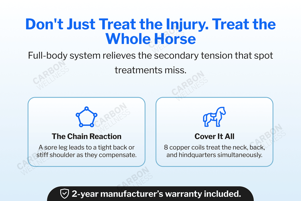 Advertisement for a PEMF system for horses with text and icons on a blue background.