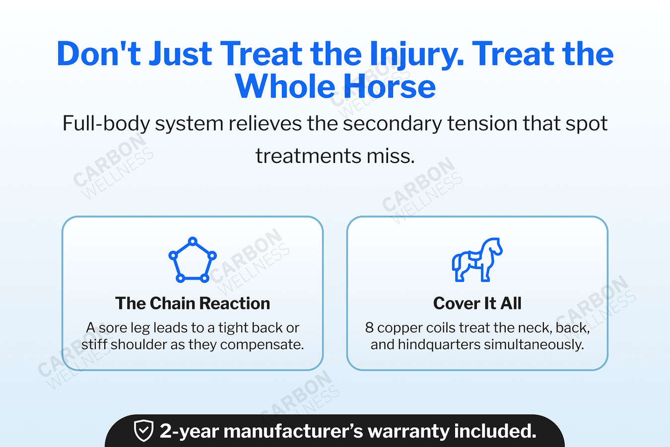 Advertisement for a PEMF system for horses with text and icons on a blue background.