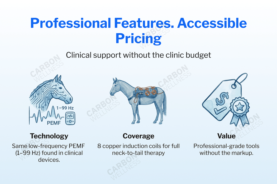 Advertisement for a horse PEMF system related to horse care with text about professional features and accessible pricing.