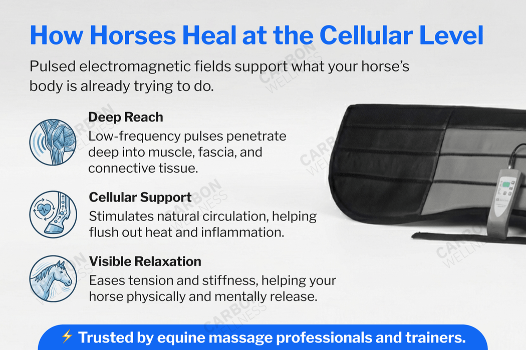 Advertisement for OMI PEMF horse blanket with text about how horses heal at the cellular level.