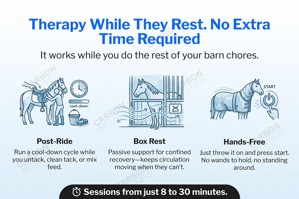 Infographic about a PEMF therapy system for horses with illustrations and text on a white background.