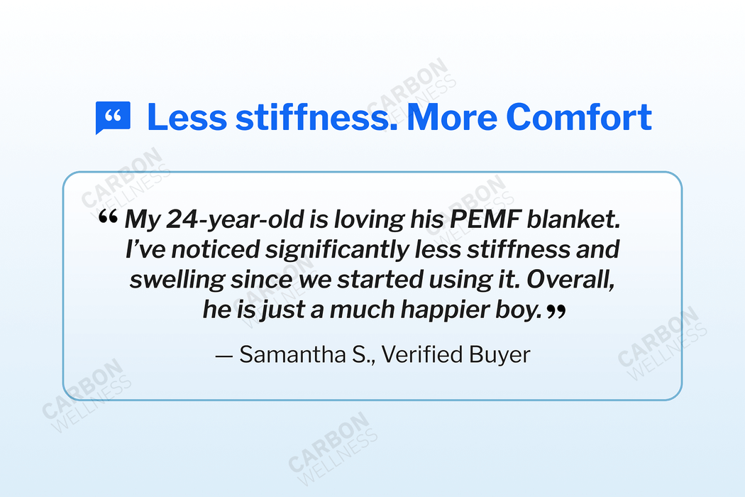 Advertisement for an equine PEMF blanket with customer testimonial on a light blue background