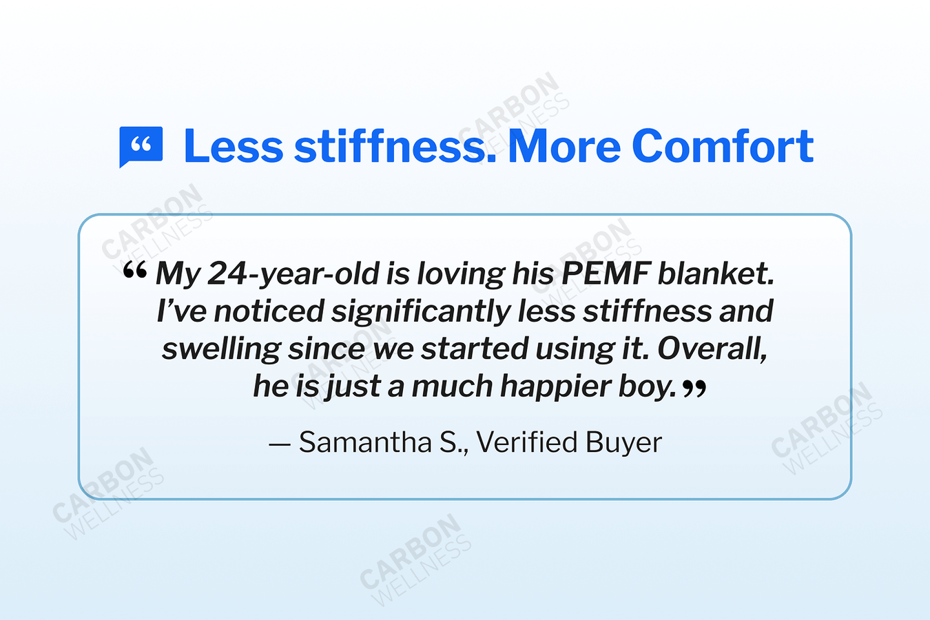 Advertisement for an equine PEMF blanket with customer testimonial on a light blue background