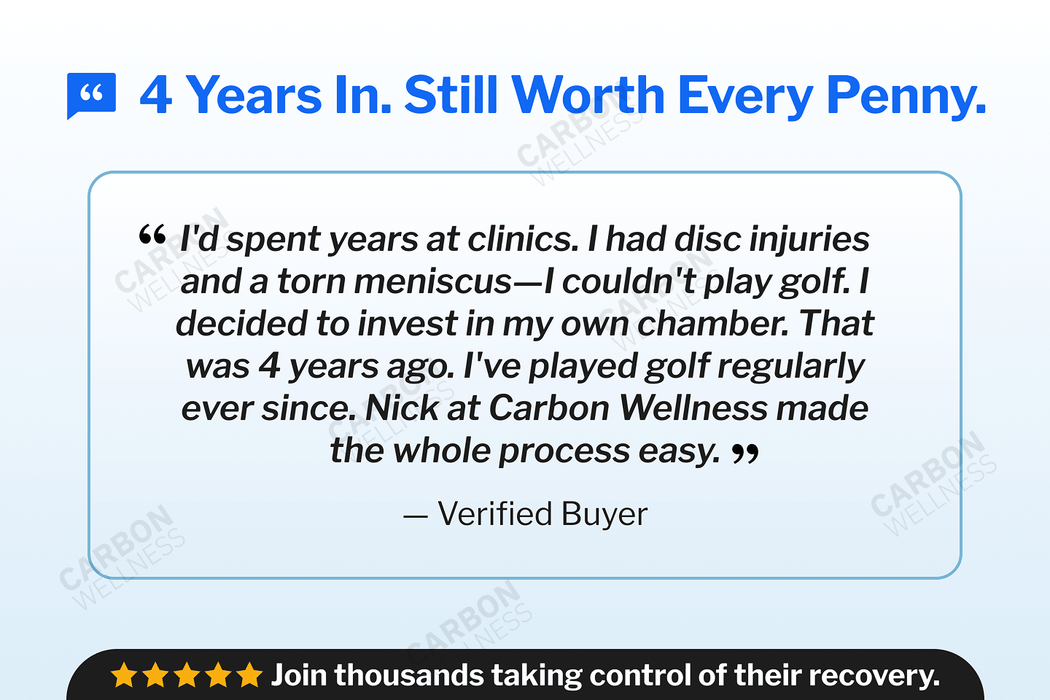 Text quote from a verified buyer about investing in an oxyrevo hyperbaric chamber, with a blue background and brand logo.