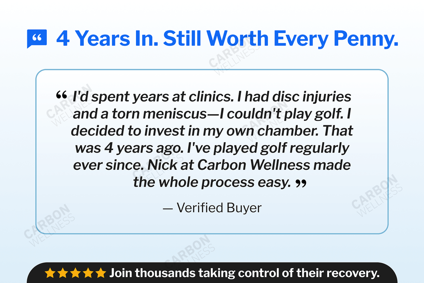 Text quote from a verified buyer about investing in an oxyrevo hyperbaric chamber, with a blue background and brand logo.