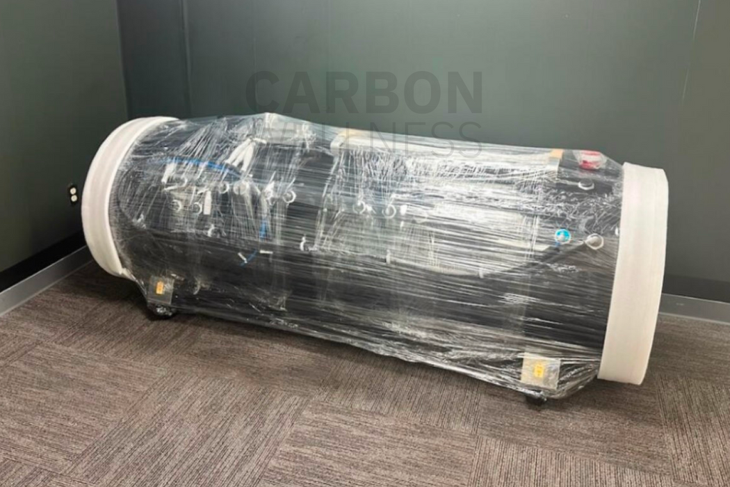 Oxyrevo hyperbaric chamber therapy unit wrapped and secured for seamless delivery