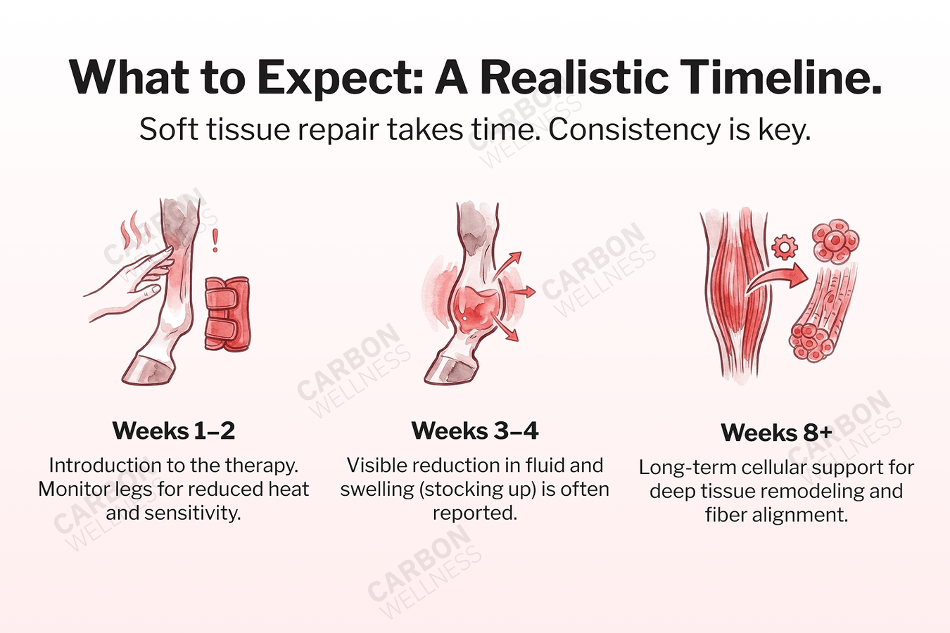 Infographic detailing a realistic timeline for soft tissue repair with red light therapy for horses.
