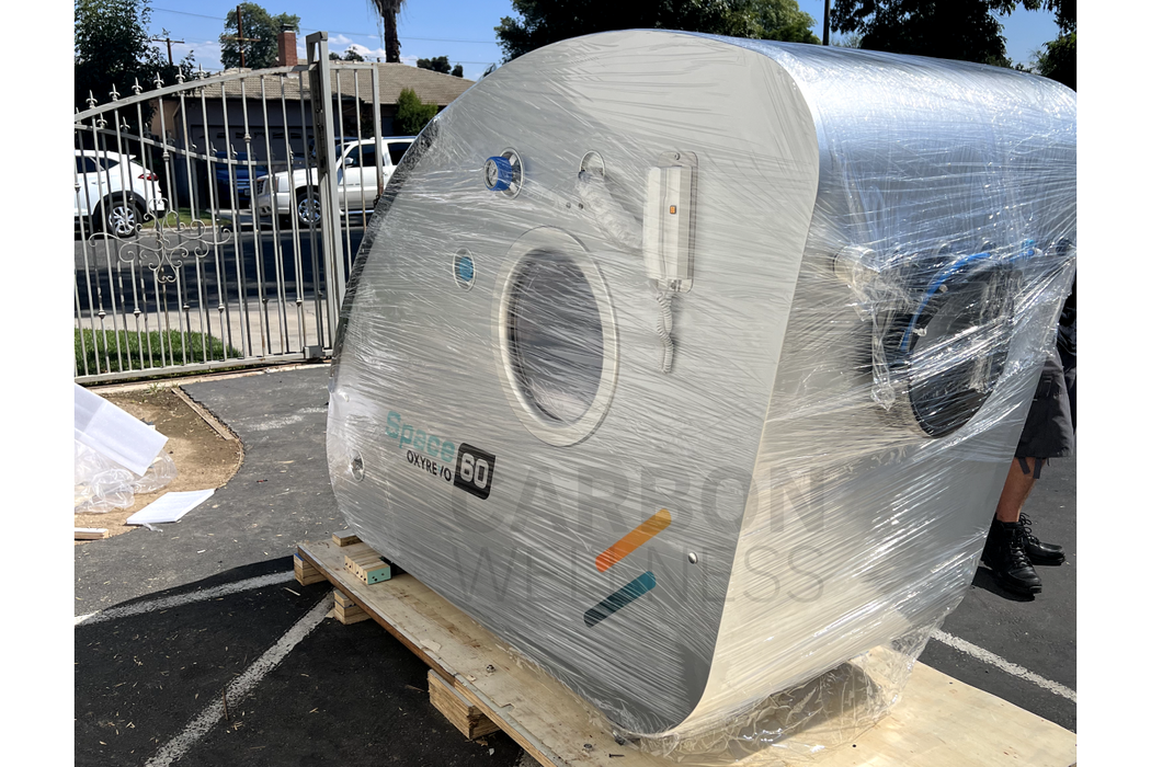 Oxyrevo space 60 hyperbaric chamber wrapped and secured, ready for delivery and installation