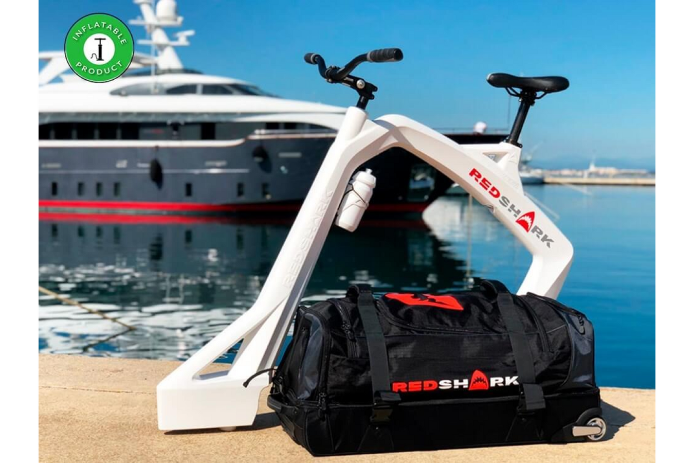 Red Shark Hydro Bike black handle bar with a white body frame along its other items in the black bag